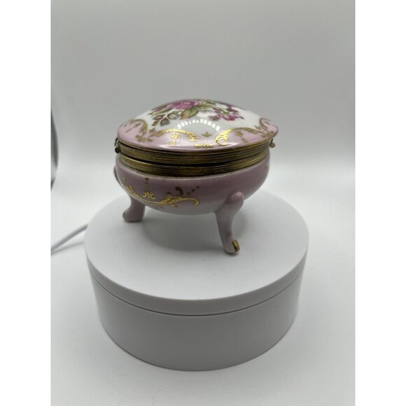 Porcelain Hand Painted Trinket Box Hinged Lid 4 Pedestal Legs Pink Floral VTG - Picture 9 of 16